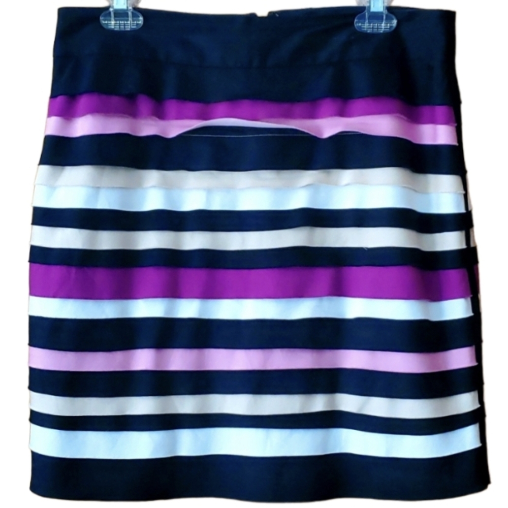WHBM Womans Striped Ruffle Black and Pink Pencil Skirt Size 10